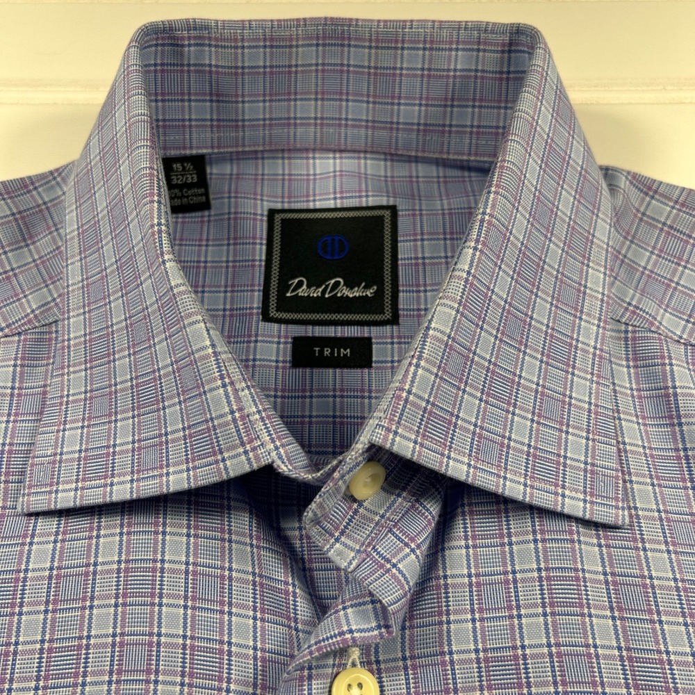 David Donahue Trim Fit Dress Shirt Mens 15.5 32/33 Blue Purple Plaid French Cuff